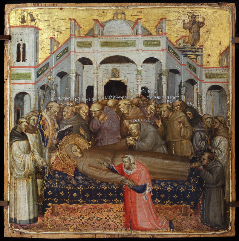 Los funerales de san Francisco: verificación de los estigmas en presencia de los primeros hermanos franciscanos, Sylvestre, Angélus, León, Felipe, Pedro, Bernardo, Sabatino, Barbaro, Gilo, Masseus, Mauricio. - Bicci di Lorenzo