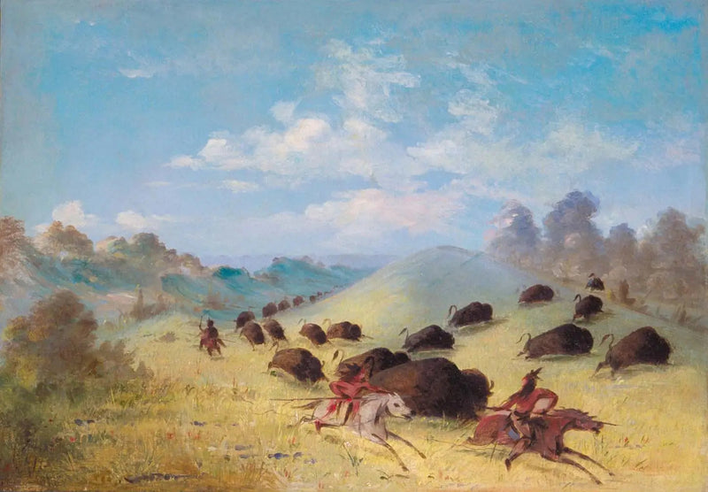 Los indios comanches cazando bisontes con lanzas y arcos - George Catlin