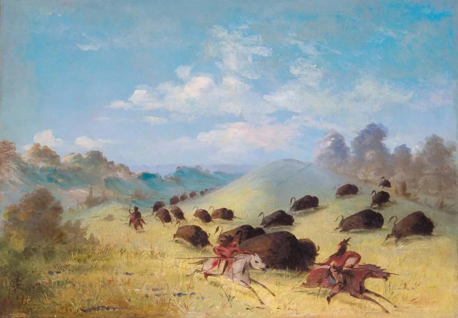 Los indios comanches cazando bisontes con lanzas y arcos - George Catlin