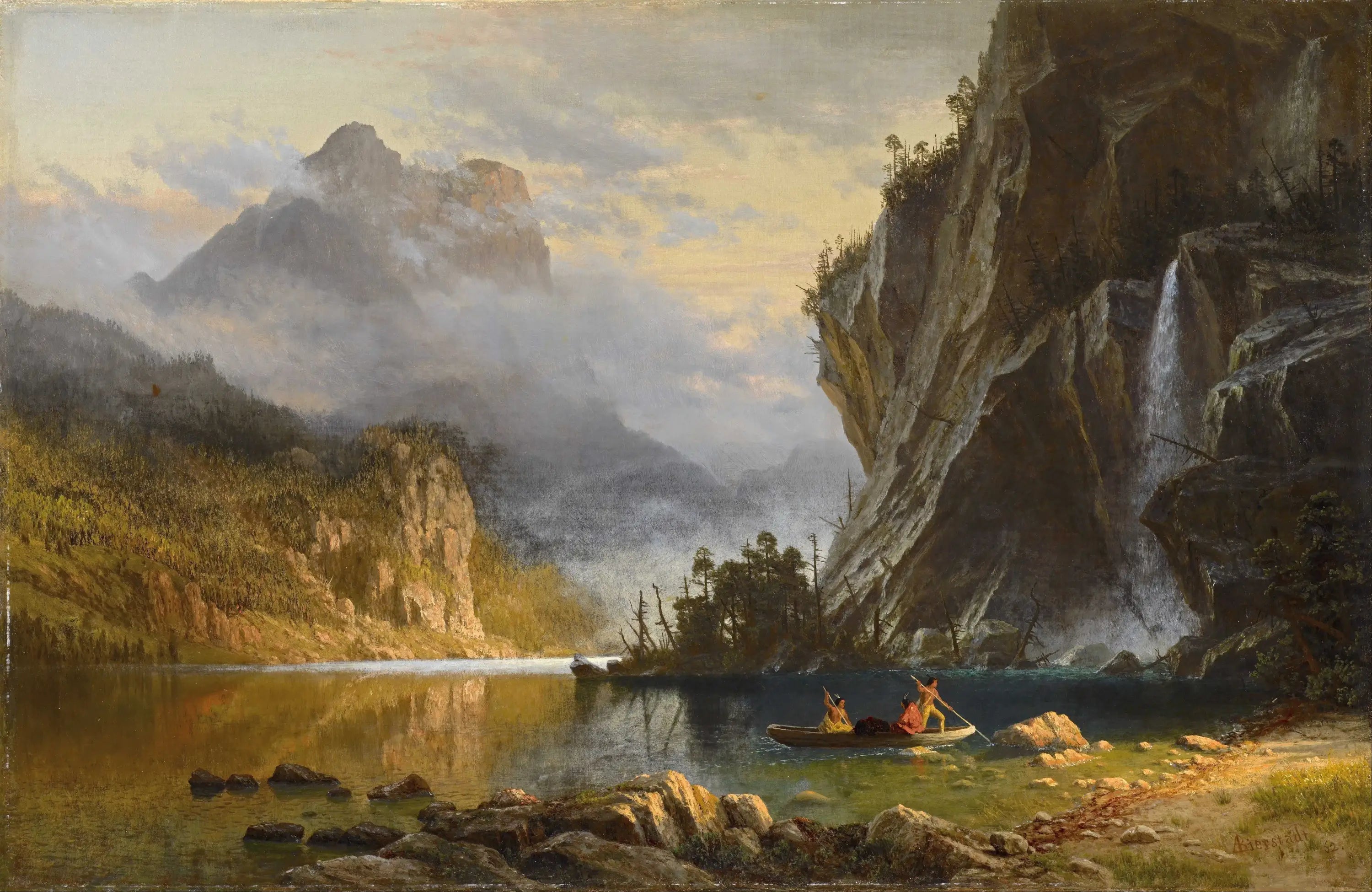 Les Indiens pratiquent la pêche au harpon - Albert Bierstadt image 1 copie de tableau peinte à la main