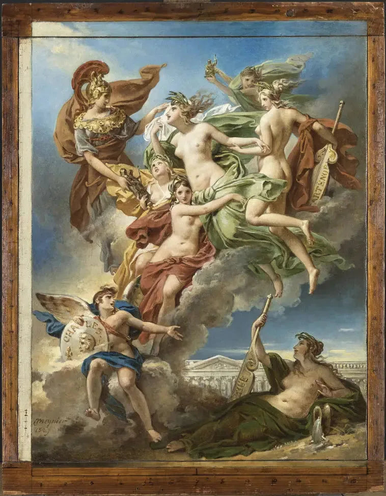 Las Ninfas de Parthenope, alejadas de sus costas, las Penates, imágenes de sus dioses, son guiadas por la diosa de las bellas artes a orillas del Sena - Charles Meynier