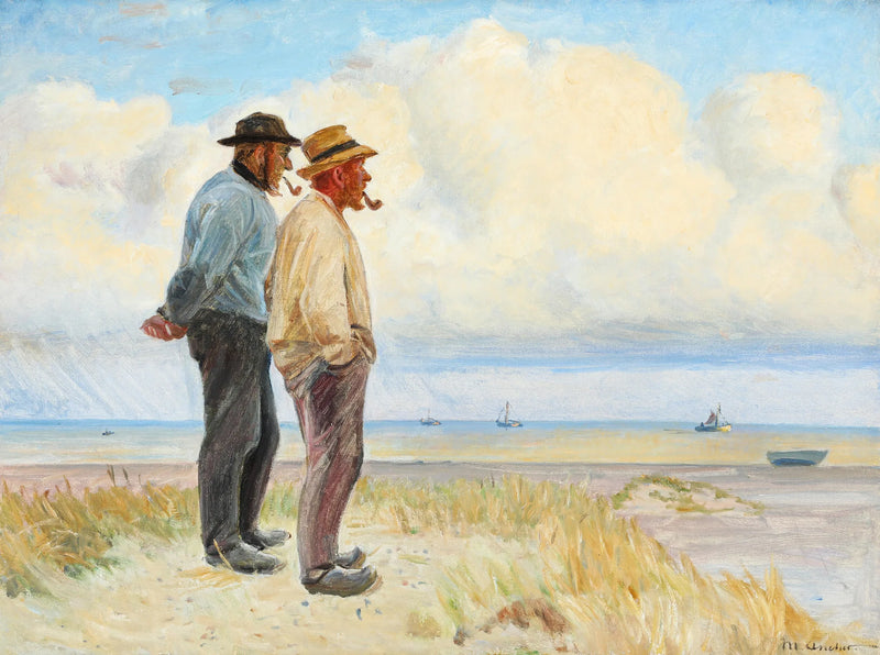 Los pescadores de Skagen Rasmus Bergen S�rensen y B��j Andersen de pie en la playa. -Michael Peter Ancher