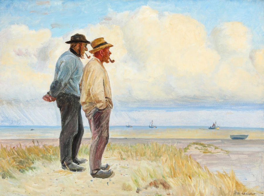 Los pescadores de Skagen Rasmus Bergen S�rensen y B��j Andersen de pie en la playa. -Michael Peter Ancher