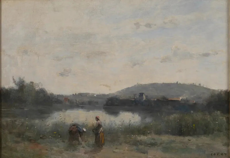 Las orillas de un río dominadas a lo lejos por colinas - Jean-Baptiste Camille Corot
