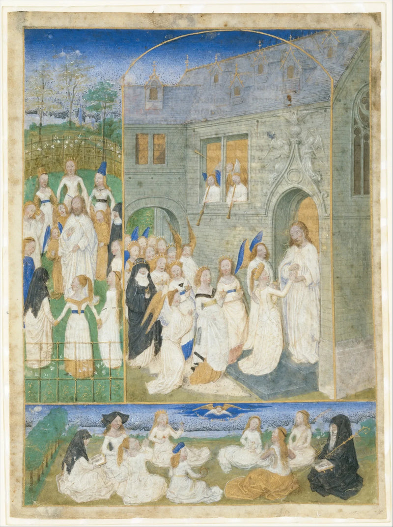 Les Saintes Vierges accueillies par le Christ à leur entrée aux portes du Paradis - Simon Marmion