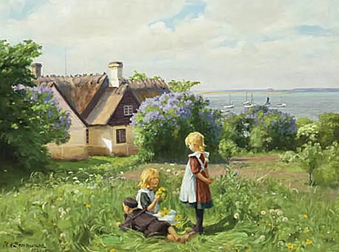El verano en el fiordo de Roskilde, los niños hacen coronas de flores. - H. A. Brendekilde