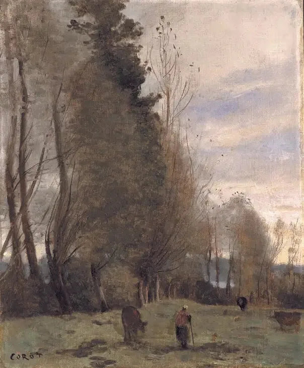 Lugar de descanso del rancho, campesino y tres vacas - Jean-Baptiste Camille Corot