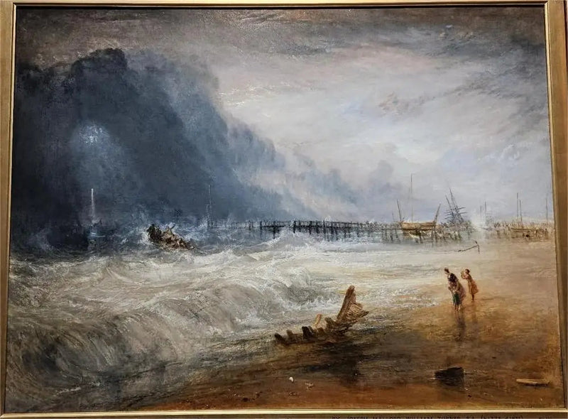 Bote de salvamento y aparato Manby yendo hacia un barco varado haciendo la señal (luces azules) de socorro - J. M. W. Turner