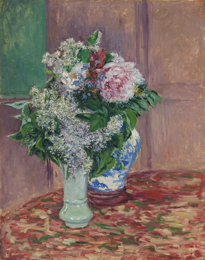 Lilas y peonías en dos jarrones - Gustave Caillebotte
