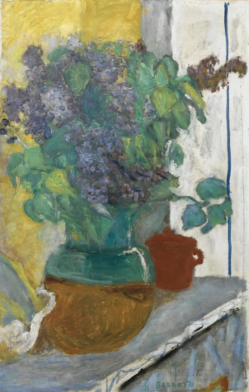 Lila malva en un jarrón de barro amarillo y verde - Pierre Bonnard