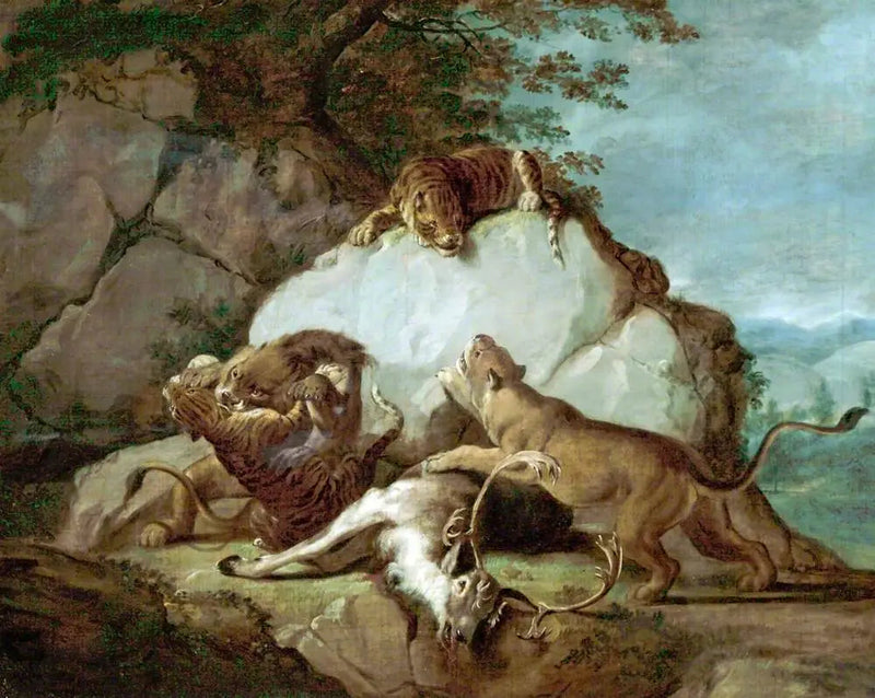 Leones y tigres luchando por un ciervo - George Stubbs