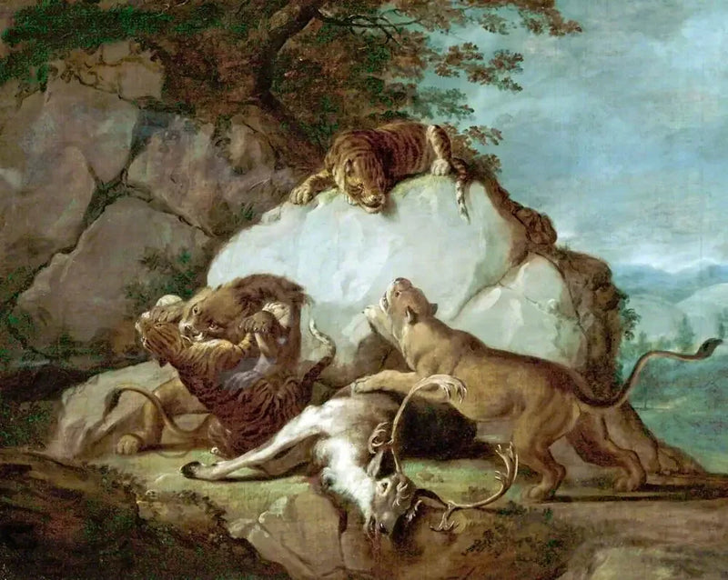 Leones y tigres luchando por un ciervo - George Stubbs