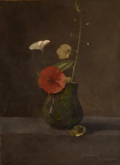 Lirios y amapolas en una pequeña jarra verde - Odilon Redon