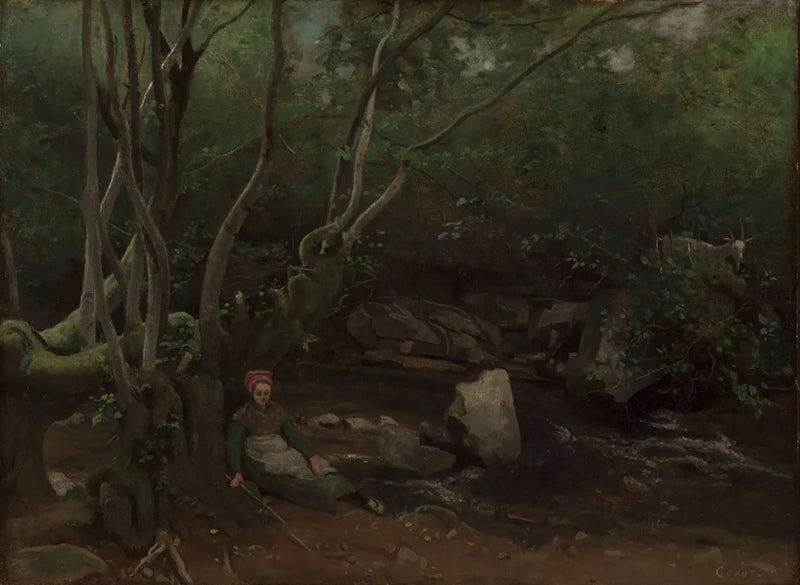 Lormes, Una cabriola sentada al borde de un arroyo en el bosque - Jean-Baptiste Camille Corot