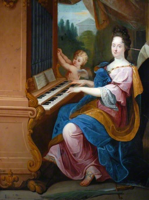Madame de Maintenon en el papel de Santa Cecilia y un niño (quizás el duque de Maine) en el papel de un ángel soplando en un órgano - Jean-Baptiste Jouvenet
