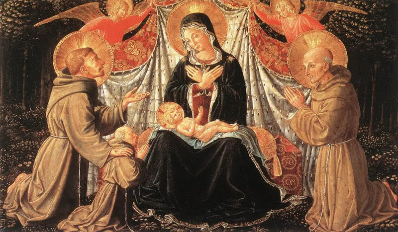 Madonna con Niño con San Francisco, Santa Bernardina, Fra Jacopo - Benozzo Gozzoli