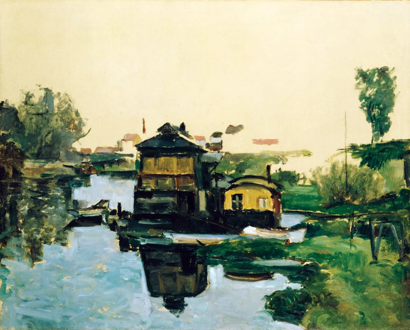 Casas flotantes en un río - Paul Cézanne