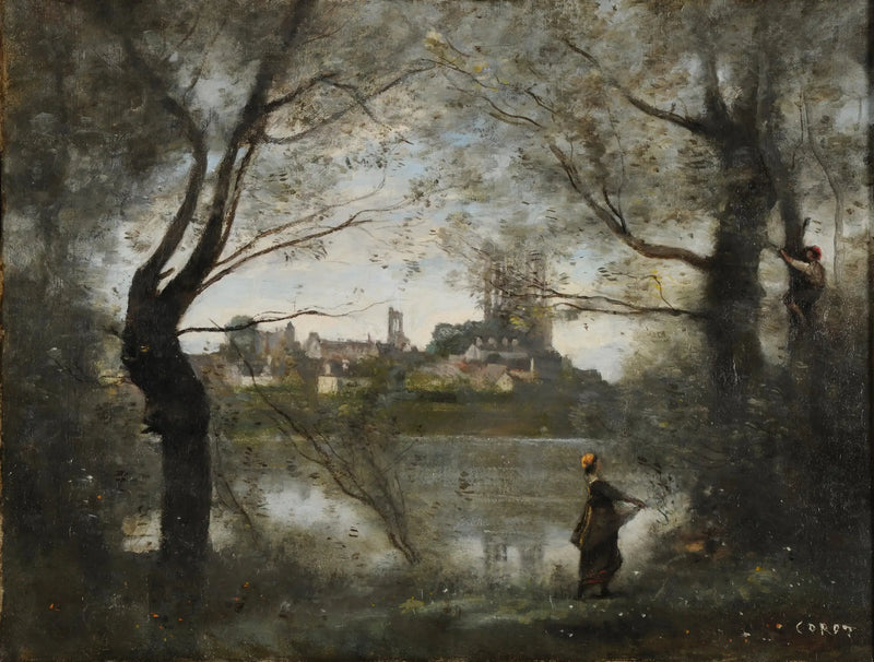 Mantes, la catedral y la ciudad vistas a través de los árboles, por la tarde - Jean-Baptiste Camille Corot
