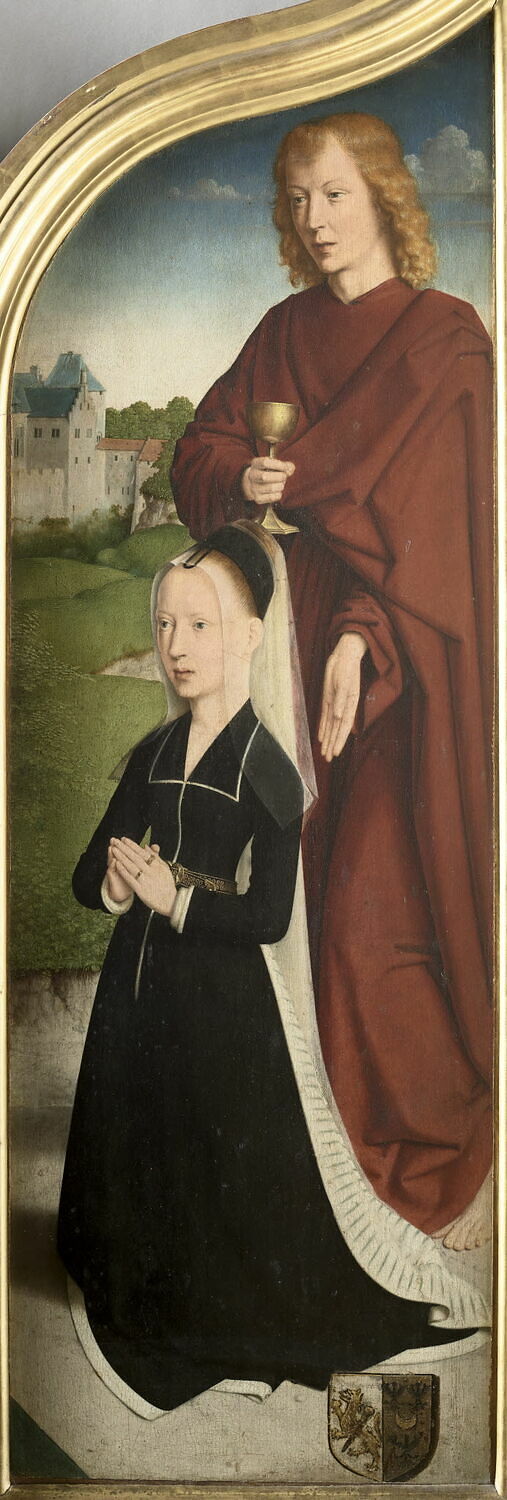 María, esposa de Juan de Sedano, en oración con san Juan Evangelista; cara externa: Eva, desnuda - Gérard David