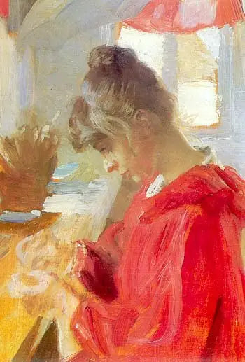Marie está sentada en una mesa cosiendo - Peder Severin Krøyer