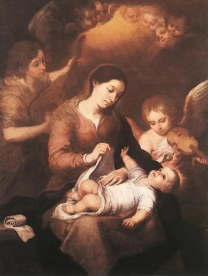 María y el Niño con ángeles tocando música - Bartolomé Esteban Murillo