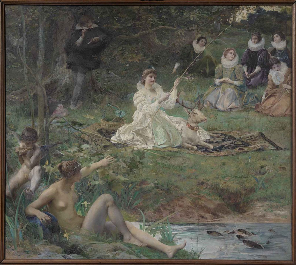 Marie Félice des Ursins, duchesse de Montmorency, et le poète Théophile de Viau à la Maison de Sylvie - Luc-Olivier Merson image 1 copie peinte à la main à l’huile