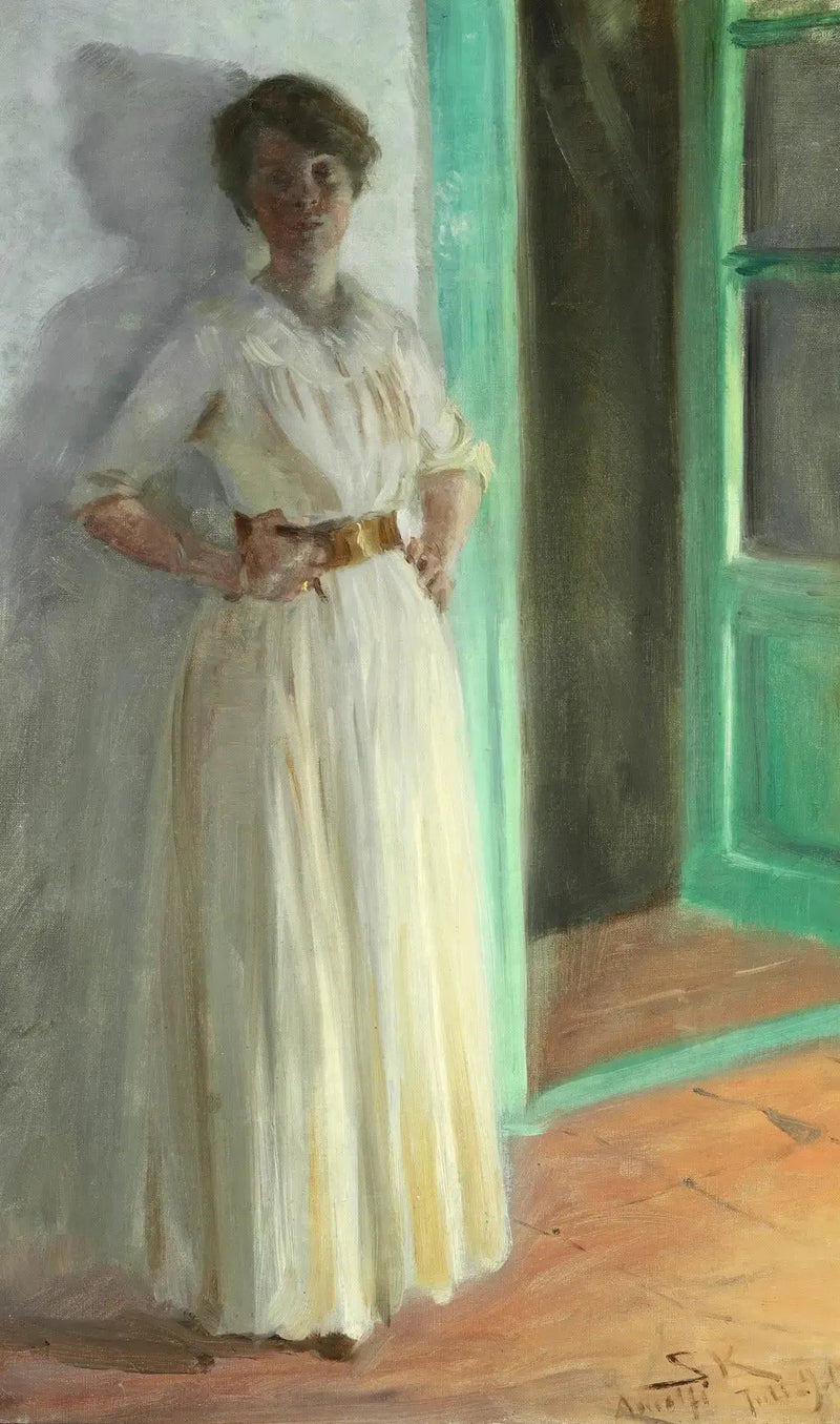Marie Krøyer. Retrato de cuerpo entero. Noche a la luz de los faroles en la terraza. - Peder Severin Krøyer