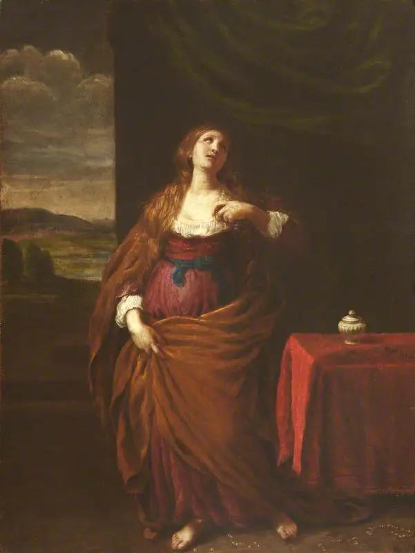 María Magdalena de pie de cuerpo entero con vista a un vasto paisaje más allá - Guido Reni