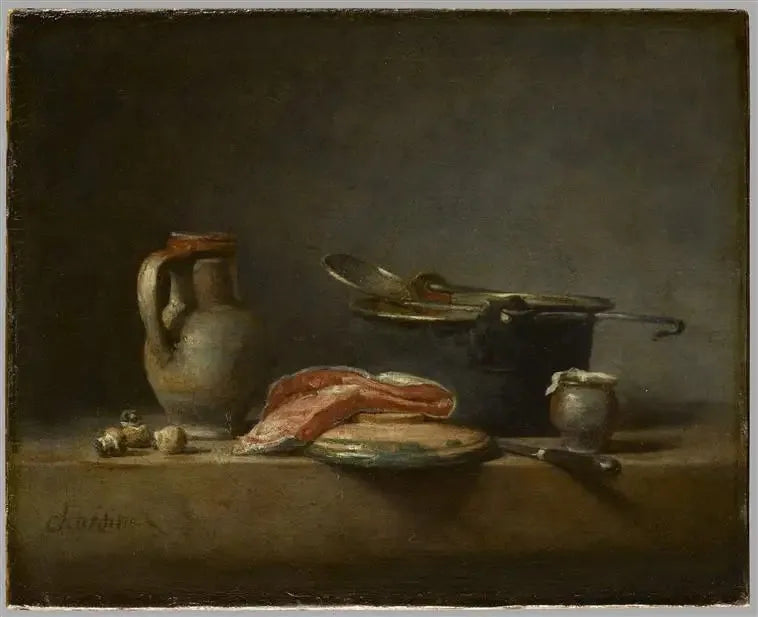 Marmita de cobre, espumadera, jarra y rebanada de salmón - Jean Simeón Chardin