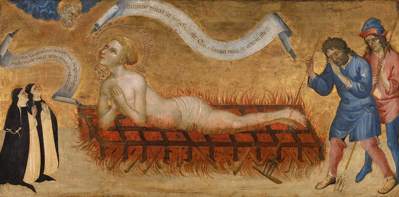 Martirio de San Lorenzo con dos monjas benedictinas - Giovanni di Paolo