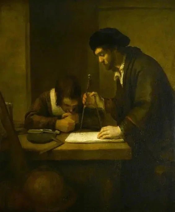 El matemático, un erudito con divisores y una escuadra en una mesa en su oficina asistido por un alumno - Rembrandt