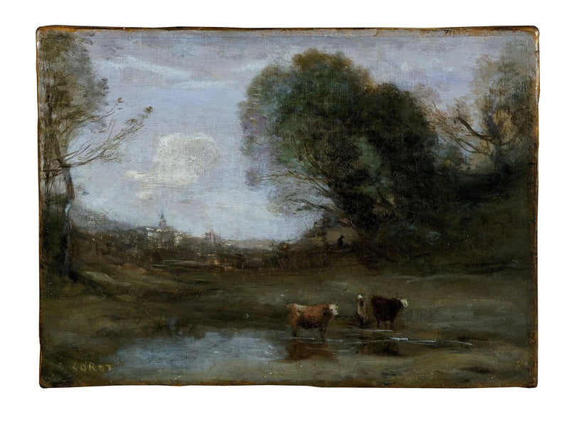 Mañana: Paisaje con dos vacas y una silueta - Jean-Baptiste Camille Corot