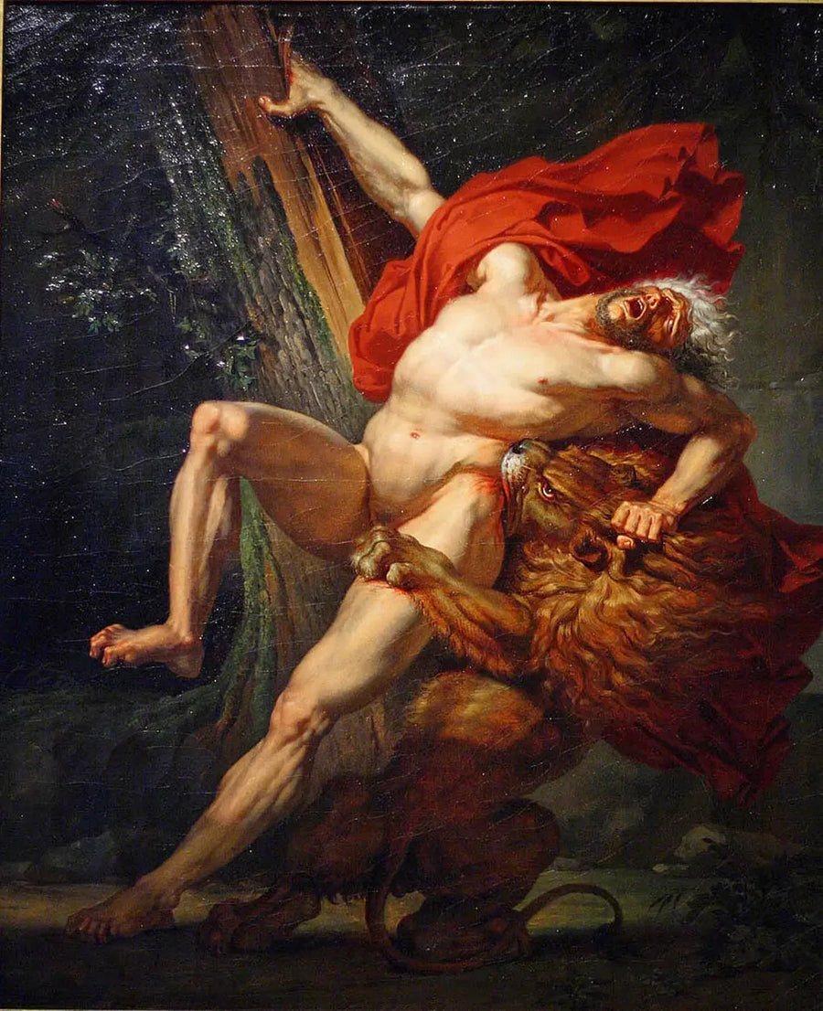 Milón de Crotona, queriendo probar su fuerza, es sorprendido y devorado por un león - Charles Meynier