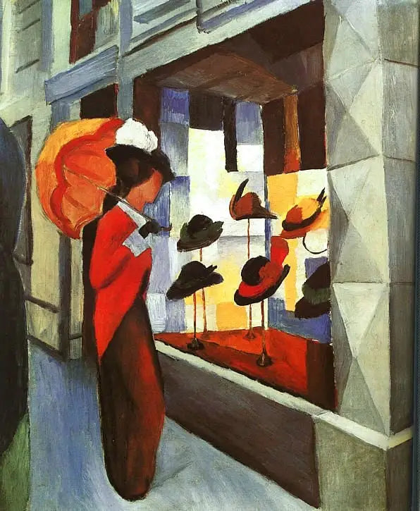 Modo: Mujer con sombrilla frente a la tienda del modista - August Macke