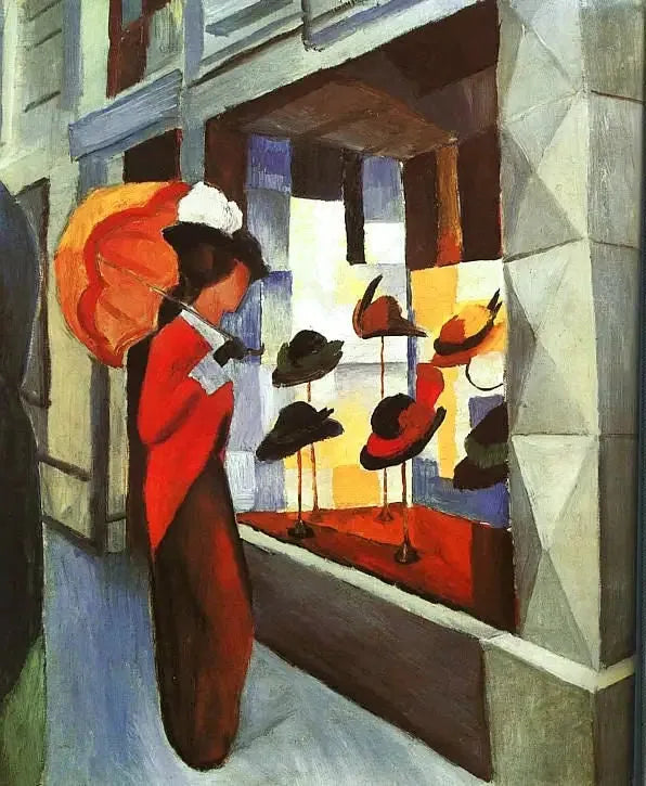 Modo: Mujer con sombrilla frente a la tienda del modista - August Macke