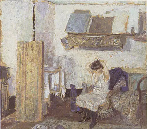 Modelo sentado en una silla, arreglándose el cabello - Édouard Vuillard