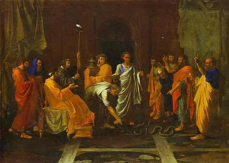 Moisés transformando en serpiente el bastón de Aarón - Nicolas Poussin