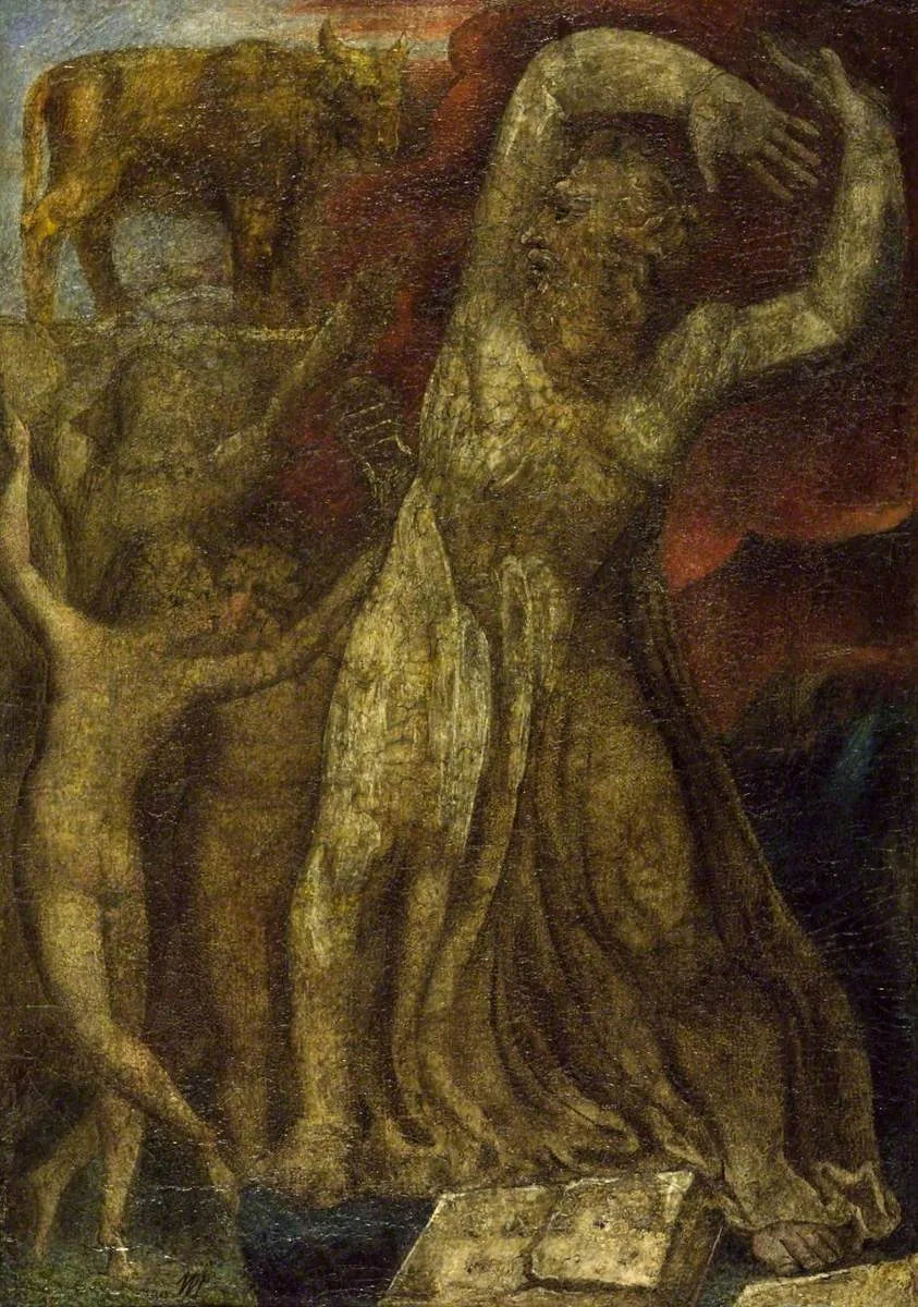 Moisés indignado frente al becerro de oro - William Blake