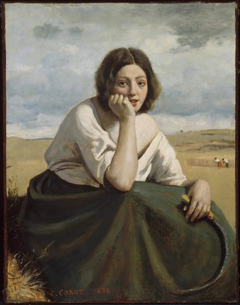 Moissonneuse sosteniendo su hocino, la cabeza apoyada en la mano - Jean-Baptiste Camille Corot