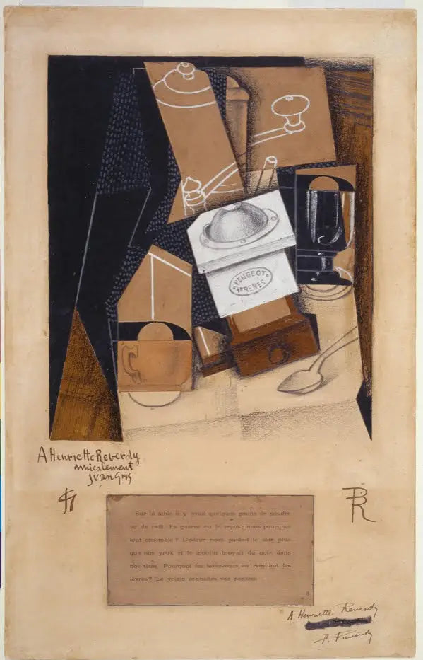 Molino de café, taza y vaso sobre una mesa - Juan Gris