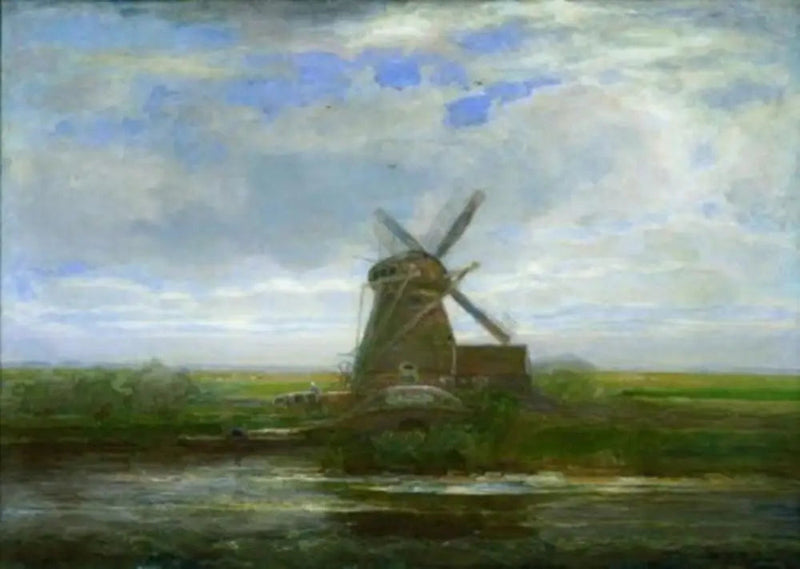 Molino de Oostzijdse con atardecer panorámico, molino en el centro - Piet Mondrian
