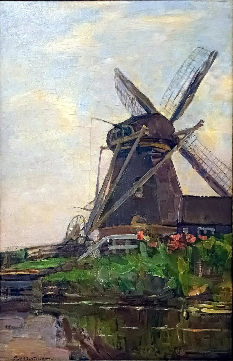 Molino de Oostzijdse, boceto al óleo vertical con cielo azul - Piet Mondrian