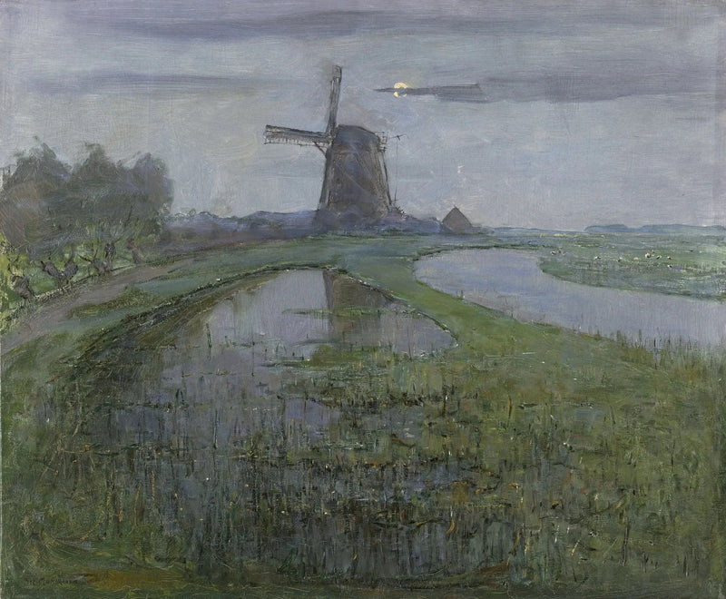 Molino de Oostzijdse a lo largo del río Gein a la luz de la luna - Piet Mondrian
