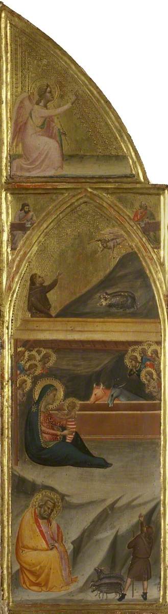 Natividad, y dos evangelistas, y el ángel de la Anunciación (tríptico, hoja izquierda) (recto) - Bernardo Daddi