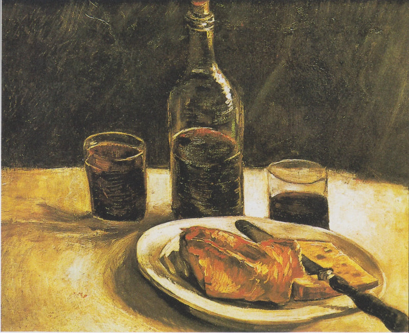 Naturaleza muerta con botella, dos copas, queso y pan - Vincent van Gogh