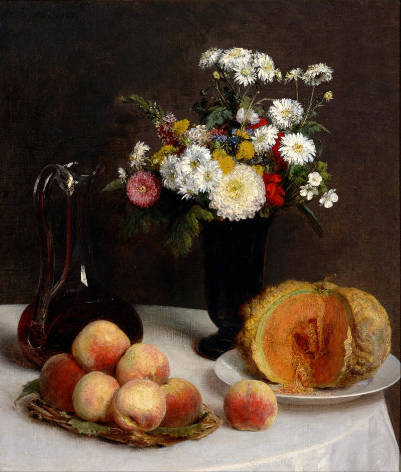 Naturaleza muerta con jarra, flores y frutas - Henri Fantin-Latour
