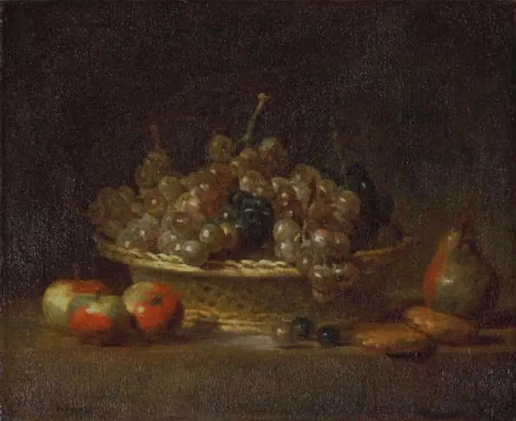 Naturaleza muerta con la cesta de pasas, con tres manzanas, una pera y dos mazapanes - Jean Simeón Chardin