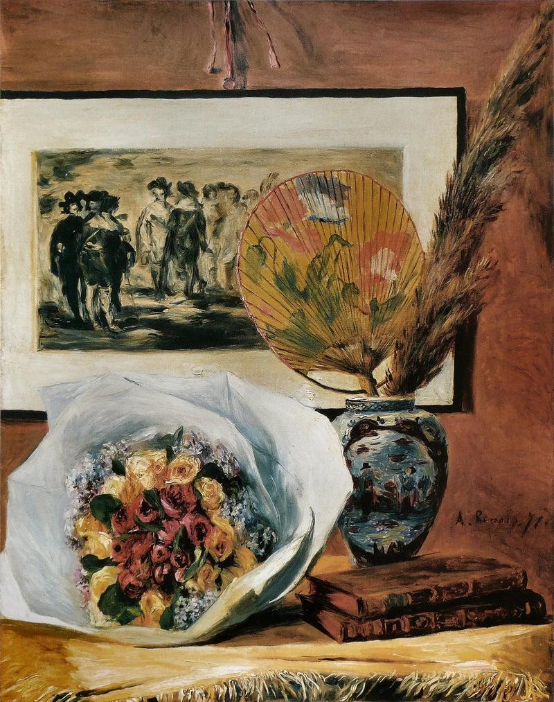 Bodegón con ramo y abanico - Pierre-Auguste Renoir