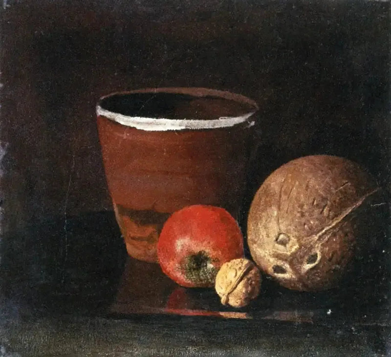 Naturaleza muerta con una olla, una manzana, una nuez y un coco - Edvard Munch