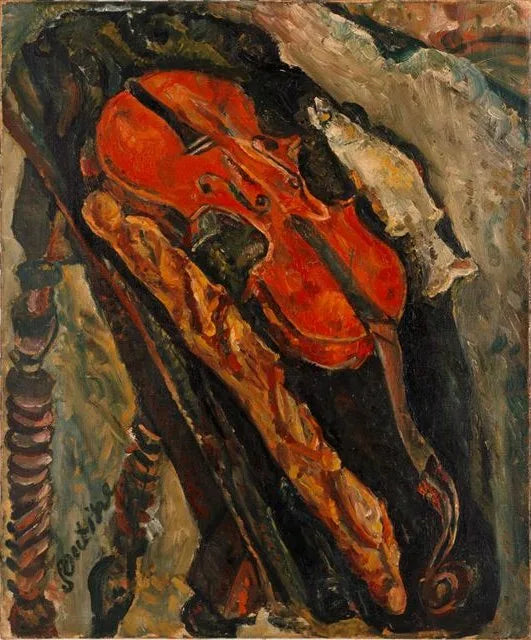 Naturaleza muerta con violín, pan y pescado - Chaim Soutine
